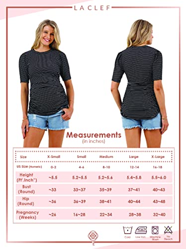Women's Maternity Puff Sleeve Ribbed T-Shirt Top, White Stripe, Medium #TOP5