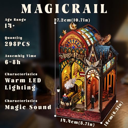 Image of Book Nook Kit - DIY Miniature House Shelf Insert with LED Lights & Music, Retro Train Station 3D Wooden Puzzle for Adults, Bookshelf Decor Gift for Home Office Desk (Magic Train Station)