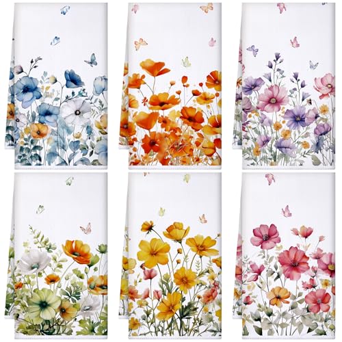 Geyoga 6 Pcs Fall Floral Kitchen Towels Flamingo Dish Hand Towels Sunflower Daisy Flower Wildflower Tea Cloths for Fall Autumn Kitchen Bathroom Decor,16 x 24 Inch(Colorful,Flower)