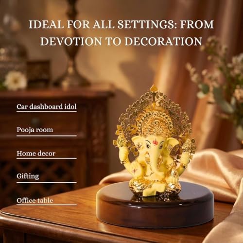 Image of Gold Plated Ganesh Idol with Kalpavruksh Tree for Car Dashboard & Office Desk | Ganpati Murti for Home Decor & Hindu God Gift | Resin (Yellow) | 3 Inches