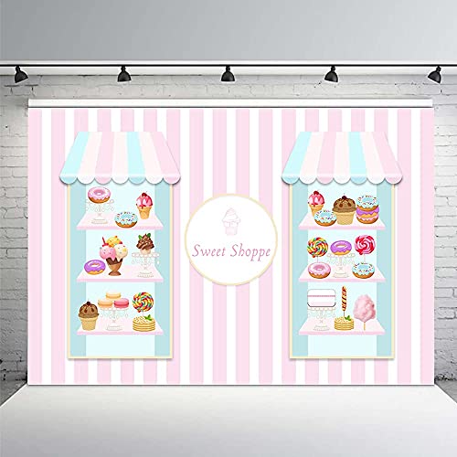 MEHOFOND 7x5ft Sweet Shoppe Backdrop Donut Ice Cream Donut Pink Stripes Dessert for Girl Birthday Photography Background Kids Party Banner Cake Table Decoration Baby Shower Photoshoot Studio