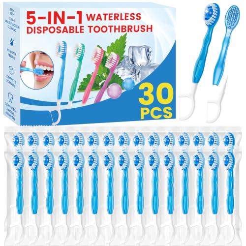 UGODAR 5 in 1 Disposable Travel Toothbrushes Prepasted Mini On-the-Go Disposable Toothbrushes with Toothpaste Floss Pick Tongue Scraper Individually Wrapped Travel Toothbrush Set(30PCS Mint)