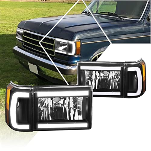 Compatible with Ford F150-F350/Bronco 87-91 Headlight Assembly,LED DRL Strip,Black Housing Amber Corner
