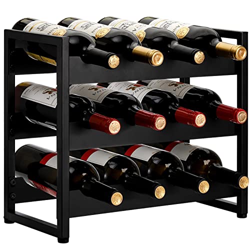 AVLA Metall-Weinregal, freistehend, 12 Flaschenhalter, Organizer-Ständer, 3 Etagen, Bodenarbeitsplatte, Display-Aufbewahrung, Likörregal, wackelfreier Handtuchhalter für Küche, Esszimmer, Wohnzimmer Cover