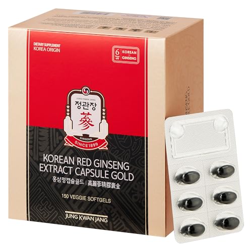 JUNG KWAN JANG Korean Red Ginseng Extract Capsule Gold - Vegan Energy Supplements - No Caffeine & Non-GMO (600mg, 150 Capsules)