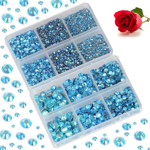 Image of Bymitel Hotfix Crystal Rhinestones Round Gems for Crafts,Mixed 6 Sizes with Wax Pencil Kit, Aquamarine AB 1.6-6.3mm SS4-SS30 /8000pcs