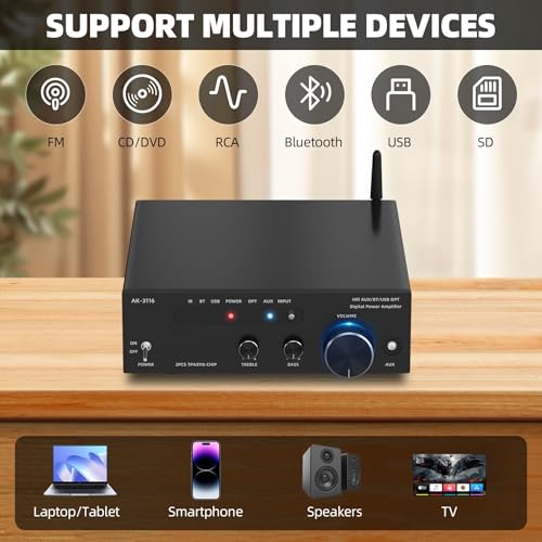 Amplificador Hifi Bluetooth 5.3, Amplificador de Sonido TPA3116,100W*2,mando a distancia 24V 5A Para casa/exterior/coche/sistema de Calefacción (3116)