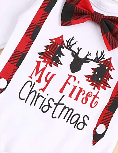 My First Christmas Outfit Infant Baby Boy Christmas Romper Red Plaid Pants with Hat Newborn boys Clothing Sets4