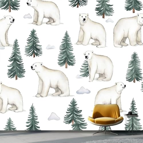 Papel Pintado Pared 200 x 140 cm - Animales Oso Polar Bosque Papel pintado Blanquecino Mural de Arte Decoración para Comedores Salones Habitaciones Sala Cuarto Oficina Salón
