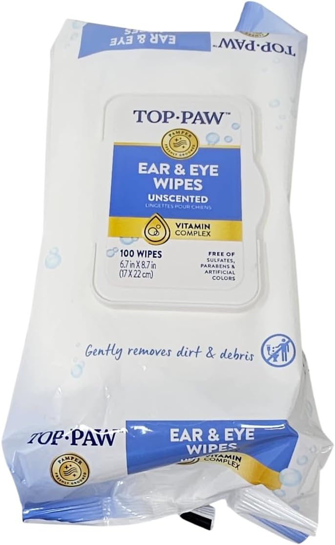 TOP PAW Ear and Eye Wipes Unscented, 100 Count, for Dogs
