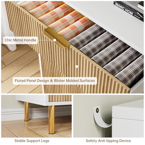 GarveeHome Natural Dresser, Modern 3 Drawer Dresser for Bedroom with Gold Handle and Large Drawer, Wood Double Chest of Drawers and Storage Organizer for Living Room, Hallway, Entryway