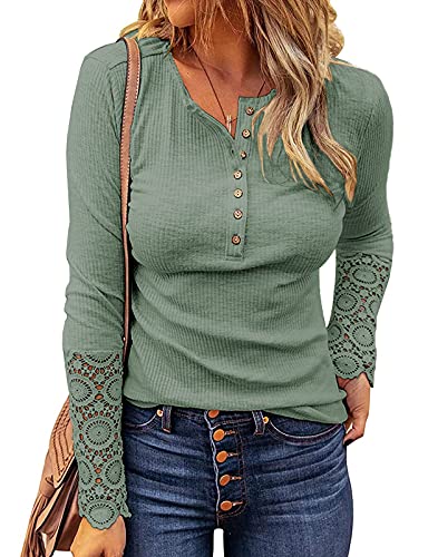 Image of Kancystore Women's Fall Long Sleeve Tops Lace V Neck Button Down Henley Shirts Tunic Blouses