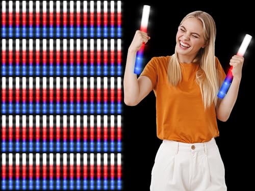 Image of Junkin 36 Pcs 4th of July Glow Sticks Bulk 15. 8 inch Independence Day Red White and Blue LED Foam Lighted Sticks Patriotic with 3 Flashing Modes for Memorial Day Birthday Party