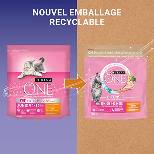 Purina One Junior 1 bis 12 Monate mit Huhn und Vollkornkätzchen Trockenfutter, 450g