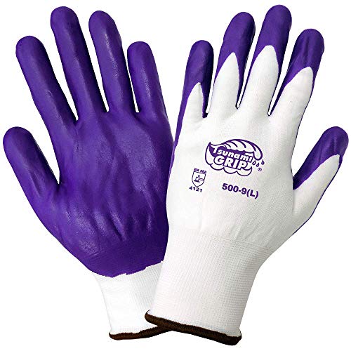 Global Glove 500 Tsunami Grip Air Injected Nitrile Glove, Work, Large, Purple (Case of 72)