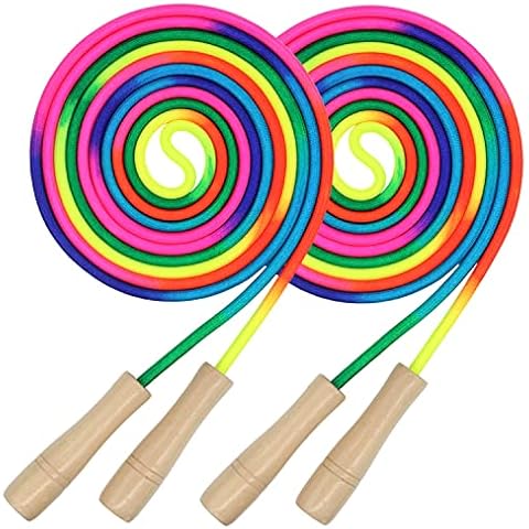 16 FT Long Jump Rope for Kids, 2 Pack Adjustable Double Dutch Skipping Rope with Wooden Handle, Multiplayer Rainbow Jumping Rope for Outdoor Fun, School Sport, Party Game Cover