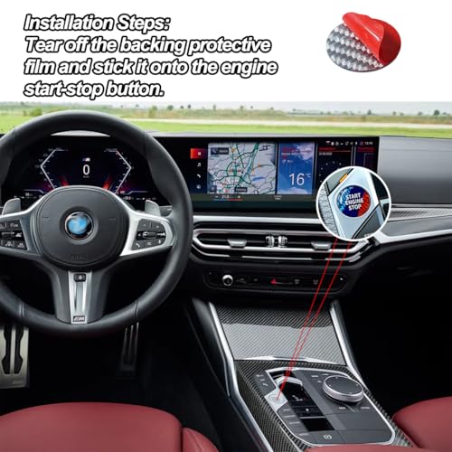 Image of Engine Start Stop Button Cover compatible with BMW Interior Accessories | 0.86 Inch Round compatible with X3 X5 Z4 2 3 4 i4 i3 Series,Tricolour Carbon Fiber Texture with High Gloss Resin surface