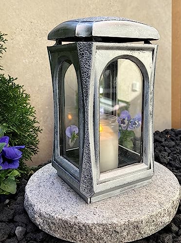 Grablampe mit Granitsockel Massiv Silber Grabschmuck Grablaterne Sockel Grablicht Kerze Grabkerze Lampe Laterne Trauer Schutzengel Friedhof Garten Grabdekoration