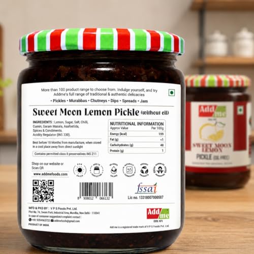 Image of Add me Khatta Meetha Sweet Lime Lemon Pickles Nimbu Ka Achar 600gm No Oil Homemade Recipe & Taste Glass Jar