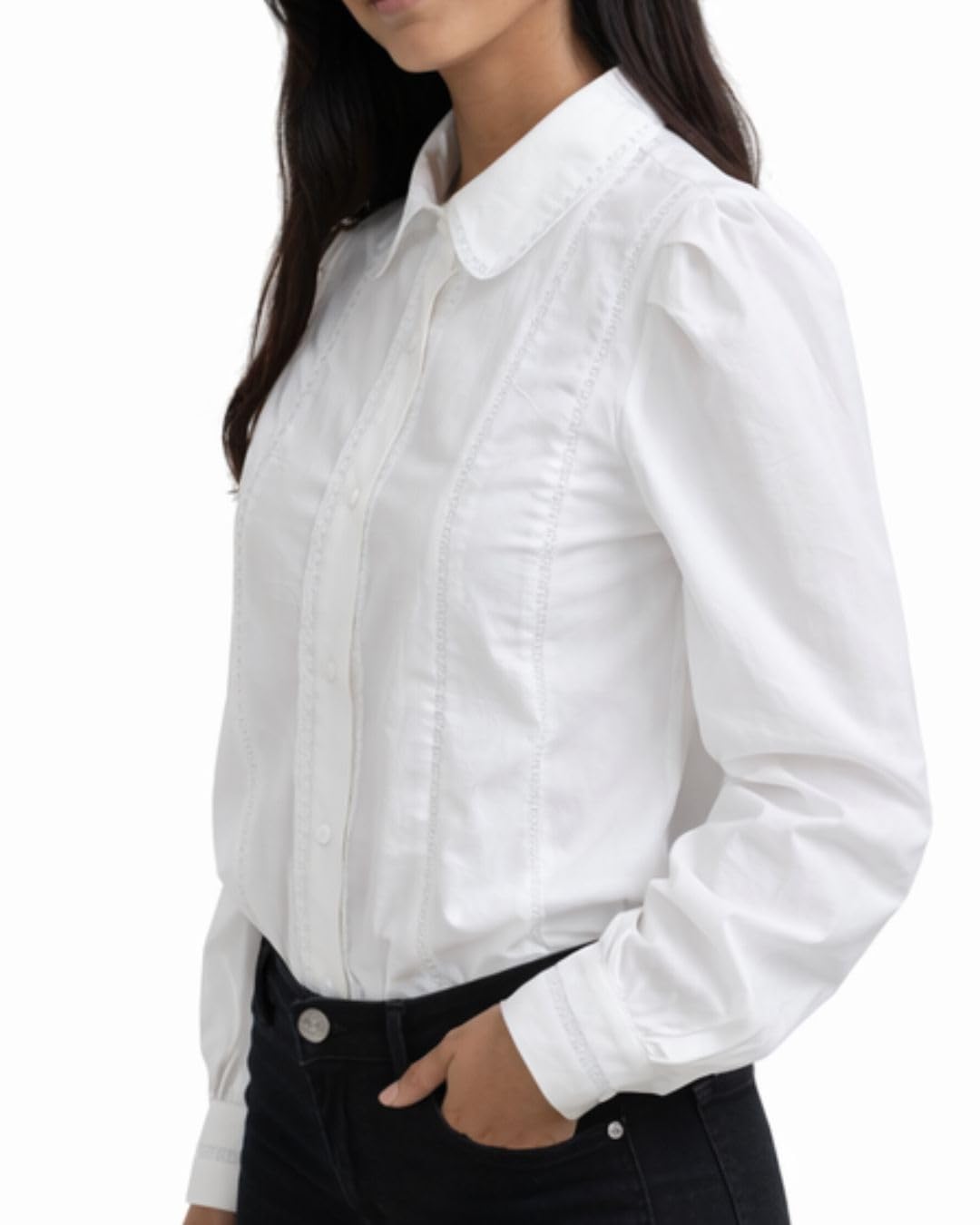 VivalaVida Official - Camicia Bianca da Donna, Blusa con Ricami, Camicia Elegante Donna, Maniche a Sbuffo, Manica Lunga, 100% Cotone, Bianco, M