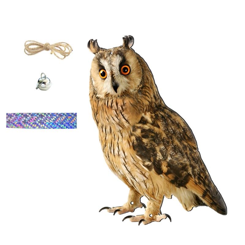 INF Owl Bird Repellent Bell Pendant, Rustic Decor, Complete Set, Bird Repellent Solution, 1 x Animal Repellent Agent, 60 cm Hemp Rope, 60 cm Laser Ribbon