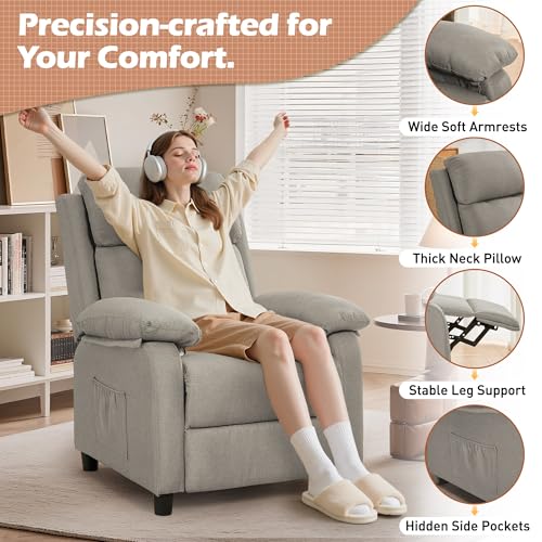 Image of Korser Recliner Chair, Living Room Chairs for Adults, Padded Deep Seat Reading Chair with Side Pockets, Small Recliners for Small Spaces, Lounge Chair for Living Room, Bedroom, and RV (Linen)