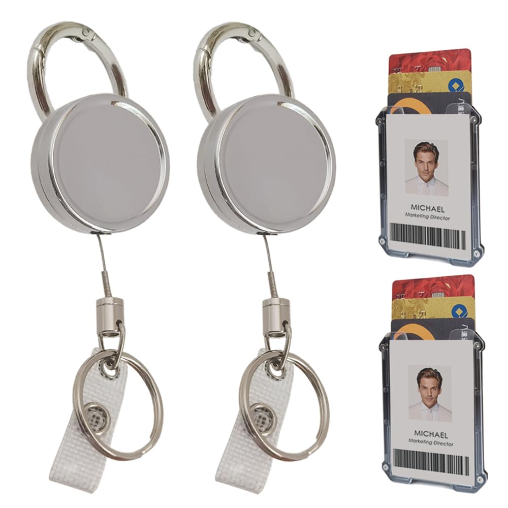 WENSUNNIE 2Pack ID Badge Card Holder(Holds 1 to 4 Cards) Retractable Clip Keychain, Heavy Duty Carabiner Work ID Badge Holder for Lanyard, Retractable