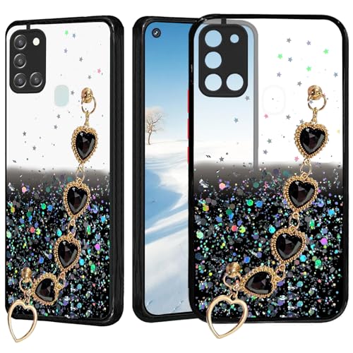 Coque silicone Samsung A21s transparente à paillettes avec bracelet de maintien rose