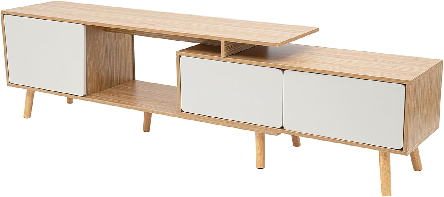 Wood TV Stand with Adjustable Shelves, Solid Wood Feet & Anti-Slip Pads, Modern Entertainment Center Media Console Television Stand for Living Room, Bedroom, Easy to Install (White+Wood)