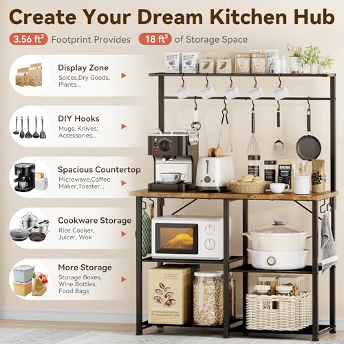 YASONIC Coffee Bar, Bakers Rack with Storage, 34.3 Inches Microwave Stand, 4 Tier Kitchen Shelves Appliance Storage, 14 S Hooks Large Coffee Station for Spices, Pots and Pans, Rustic Brown - Standing Baker's Racks - view 3