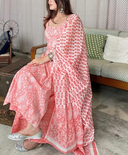 Image of Women's Cotton Anarkali Kurta Set with Dupatta | Sleeveless Printed Kurti & Palazzo Suit | Ethnic Wear for Girls & Women