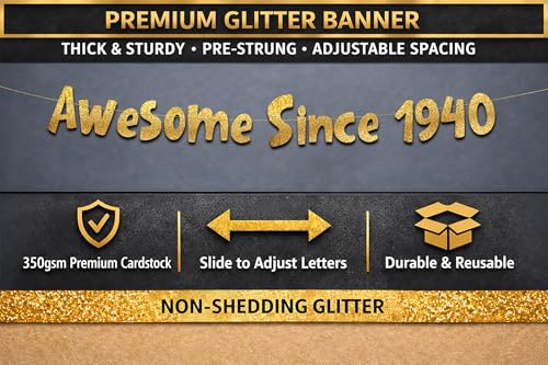 Image of Pre-Strung Awesome Since 1940 Gold Glitter Banner - Funny 86th Birthday Decorations for Men and Women - Birthday Party Supplies and Gifts