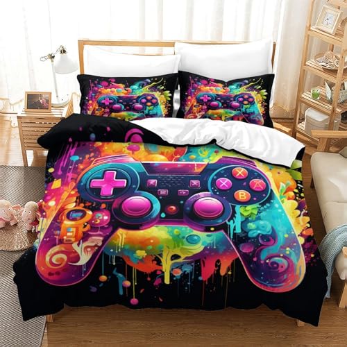 Housse de couette manette imprimé 3D 200x200 parure lit double microfibre - 3