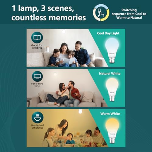 Image of Philips SceneSwitch 12W LED Bulb | 3-in-1 Light Modes CDL-NW-WW | B22 Base | Change Brightness with Wall Switch | Energy Efficient | Pack of 4