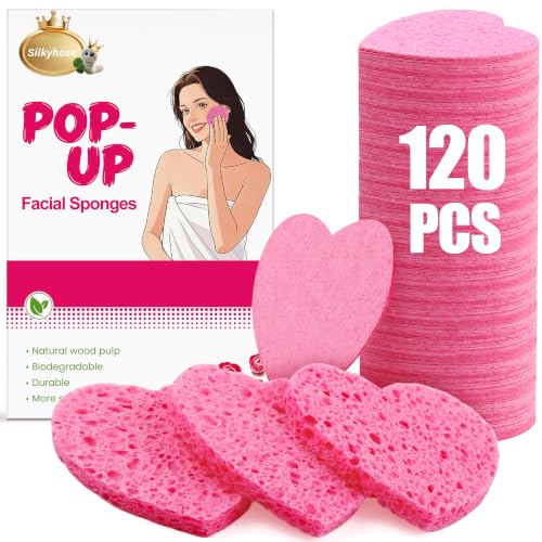 Silkyhose Women 120-Count Compressed Cellulose Heart Shape Face Facial Sponges 100% Natural Cosmetic Sponges for Facial Cleansing Exfoliating Mask Skin Massage (Pink 120 Count)