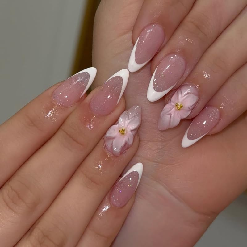 Press on Nails, 24 Uds. Uñas Falsas con Flores 3D de Color Rosa y Punta French, Uñas Artificiales Reutilizables con Brillo, Kit de Uñas para Mujeres