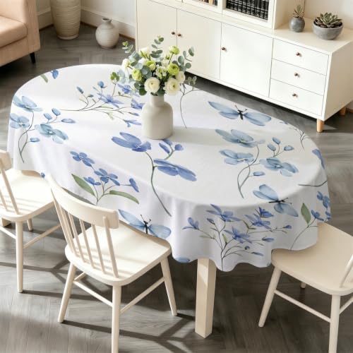 Nappe ovale fleurs bleues lavable protège table contre les taches repas