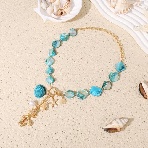 Image of Coiris Natural Seashell Choker Necklaces Earrings Jewelry Set for Women Starfish Shell Freshwater Pearl Collar Necklaces for Women Irregular Mother of Pearl Jewelry Set