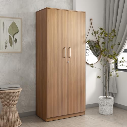 Image of Knox 2-Door Wardrobe | Engineered Wood | Exotic Teak Finish | Matte | Bedroom Storage | Hinged Doors | 4 Shelves | 1 Hanger Rod | Termite & Scratch Resistant | 3-Year Warranty