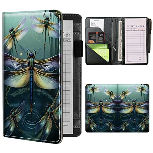 Server Books for Waitress Waiter with Zipper Pocket, Dragonfly Leather Server Pads Waitstaff Organizer Guest Check Presenters Server Wallet Money Holder Pouch Fit Apron