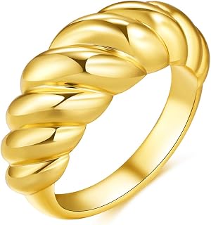 Thick Croissant Dome Ring 18K Gold Plated Twisted Chunky Rings Wide Band Ring Stacking Valentine's Day Jewelry for Women Girls Men Size 6-10