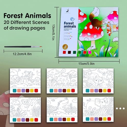 Image of Kidology Water Color Book for Kids - 20 Sheet Reusable Painting Book with Brush | Montessori Educational Art & Craft Set | Watercolor Activity Book Gift Kids (Forest Animal Theme)