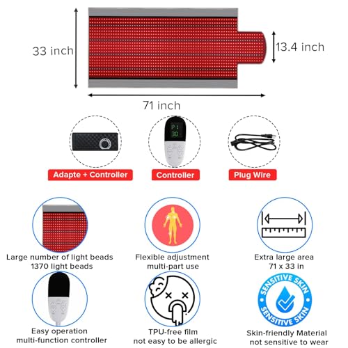 Tapete de terapia de luz LED, 1370 piezas, 660 nm rojo y infrarrojo cercano de 850 nm, terapia de cuerpo completo, controlador multifuncional fácil de usar