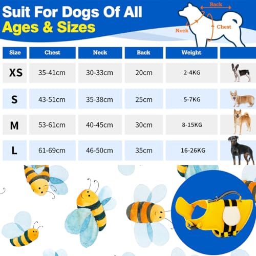 Little Bean® Hundeschwimmwesten, verstellbare Haustier-Schwimm-Sicherheitsweste mit überlegenem Auftrieb und Rettungsgriff für Hunde, Bootfahren, mit reflektierenden Streifen (Bienen gelb, XS)