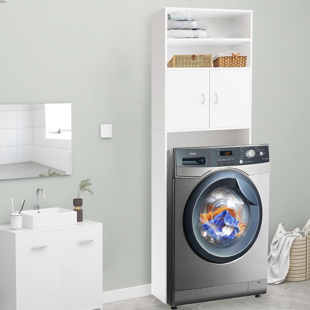 BAKAJI Mobile per Lavatrice da Bagno Lavanderia Salvaspazio, Mobiletto Armadio a Colonna, 3 Mensole e 2 Ante, Armadietto Legno Bianco per Corridoio, Design Minimal, Ripiano Capiente, 63 x 20 x 185 cm