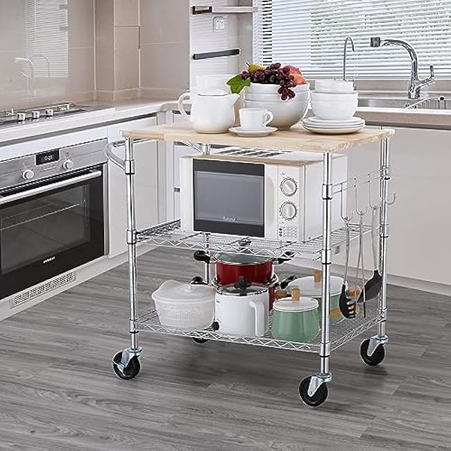 Finnhomy 3-Tier Rolling Kitchen Cart With 18 D x 30 W Oak Wood Tabletop, Kitchen Island With 4 Wheels and Slider Shelf, Microwave & Coffee Cart With Hooks for Dining Room, Chrome-TDQA0CGE