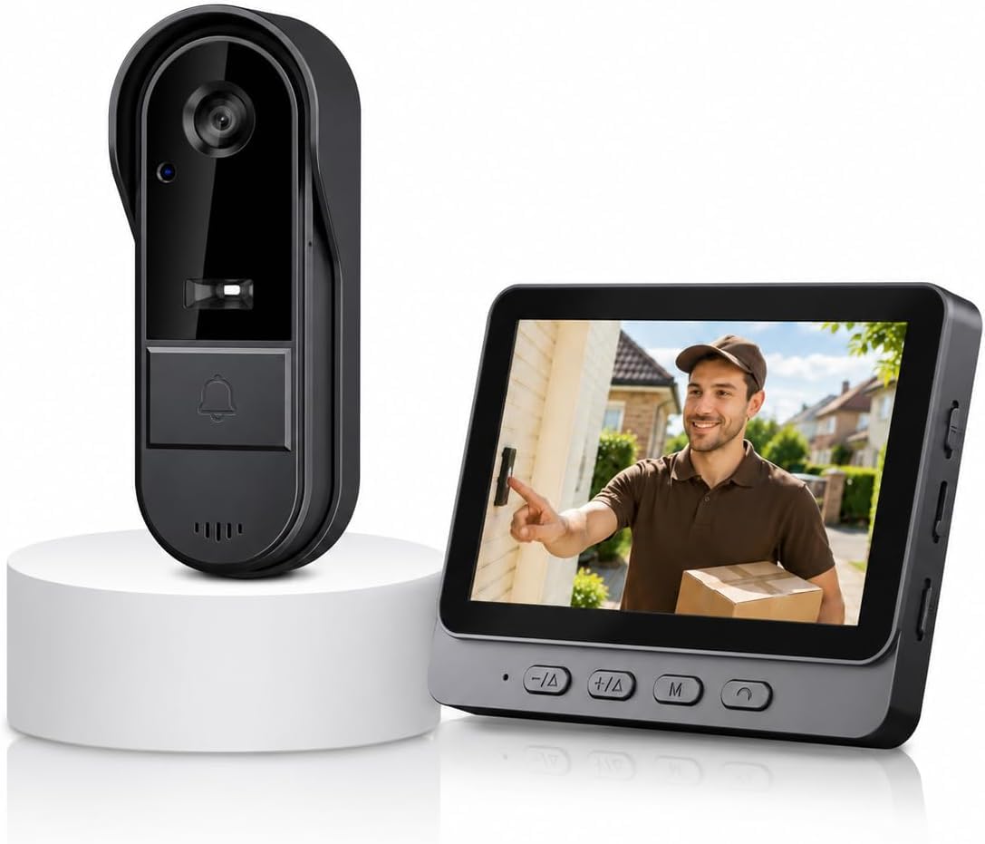 Winnes Videocitofono wireless senza WiFi, campanello con fotocamera e schermo da 4,3", videocitofono 1080P HD, visione notturna, audio bidirezionale, registrazione, grandangolo 170°, IP65