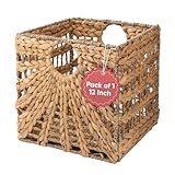 Journee Home Handwoven 12' x 12' Water Hyacinth Storage Baskets for Organizing – Natural Wicker Cube Bins Perfect for IKEA KALLAX, Cubby Storage Solutions, Home Decor & Clutter Control (Pack of 1)
