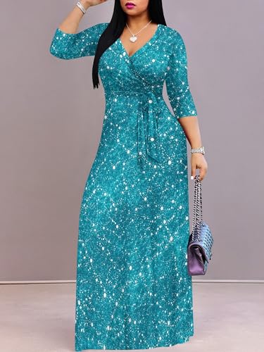Image of PinkPatty Plus Size Maxi Dresses for Women Casual Flowy Long Dress 3 /4 Sleeve V Neck Wrap Dress with Belt