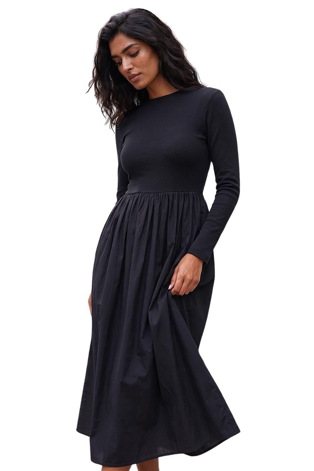 Roman Originals Midi Dress with Pockets for Women UK Ladies Stretchy Jersey Maxi Long 3/4 Length Sleeve Gathered High Waist Boho Flattering Skater Swing Fit Flare - Noir - Size 18